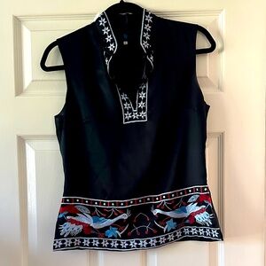 Vintage Sue Wong Black Embroidered Silk Sleeveless Kimono Blouse • Size 6 • EUC